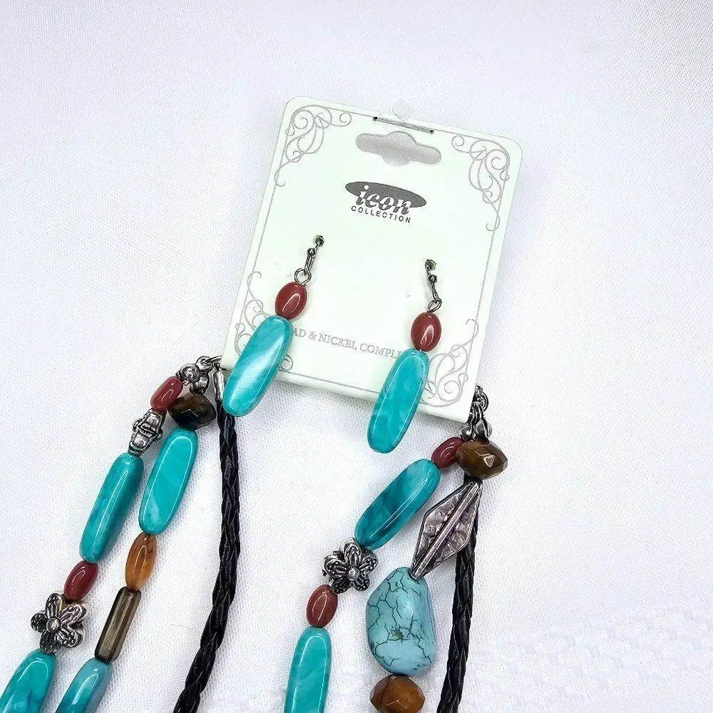Turquoise Beaded Layered Necklace Set w/ Matching Hook Earrings